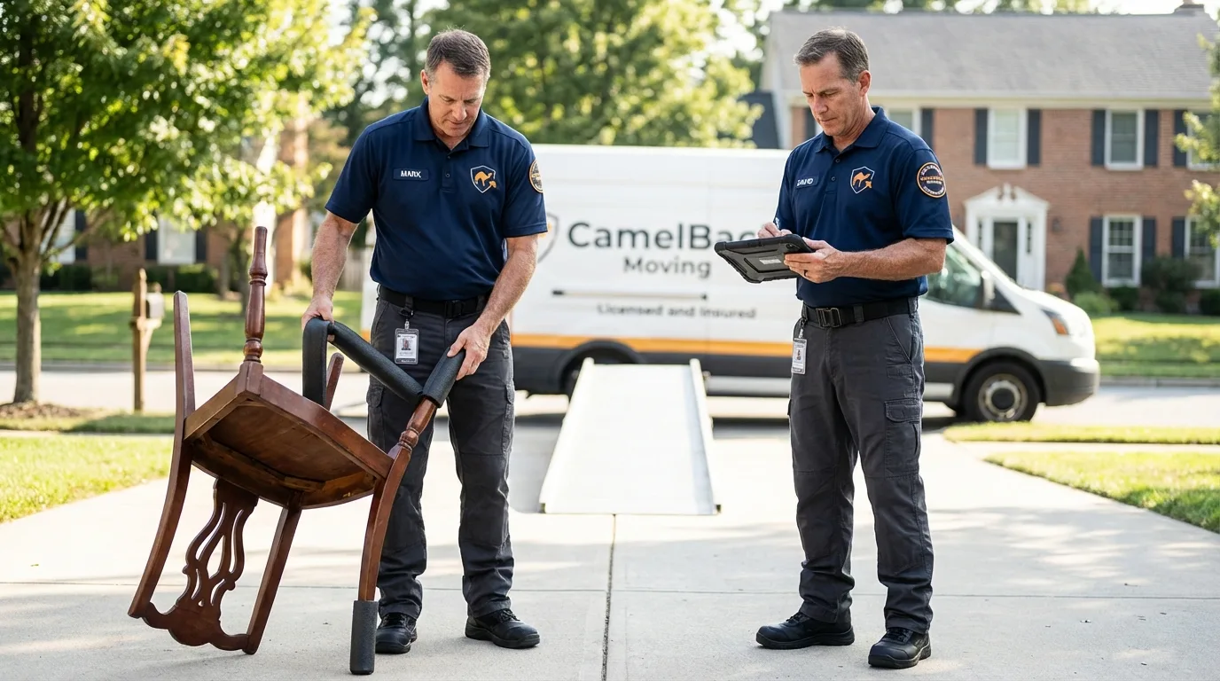 Movers inspecting furniture for damage prevention before loading in Christmas, FL