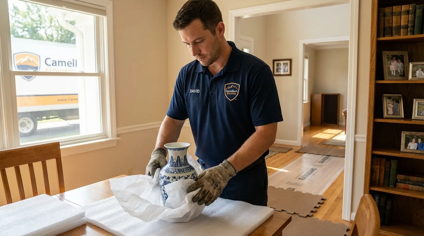 Professional crew carefully wrapping antique vase for senior downsizing move in Christmas, FL